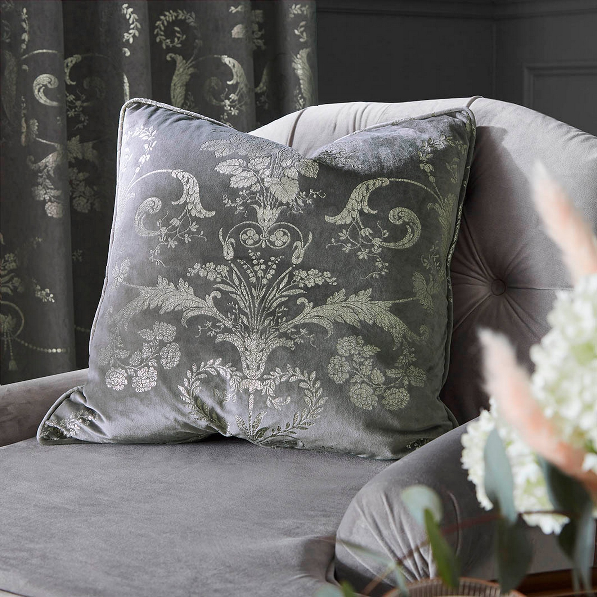 Josette Metallic Cushion By Laura Ashley In Steel Grey